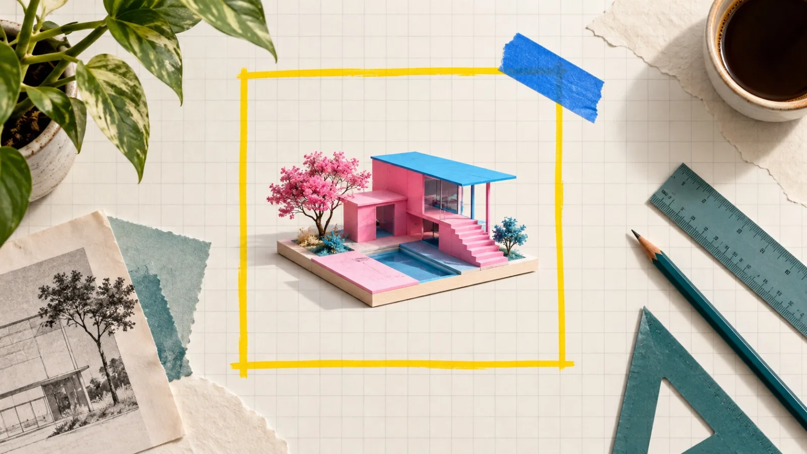 A small pink and blue architectural model sits inside a yellow boundary on an artist's worktable.