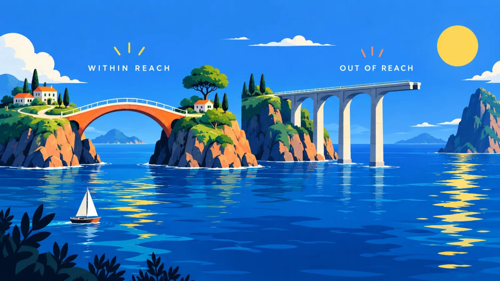 A completed short bridge beside a longer bridge that stops before reaching the other shore.