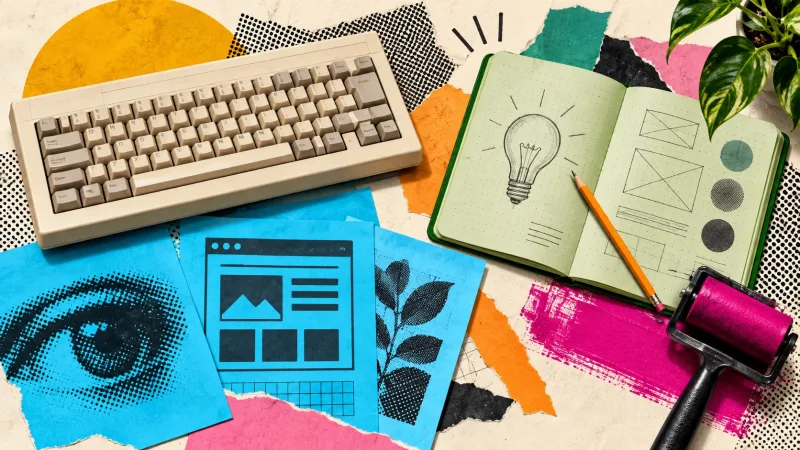A colourful collage of a vintage keyboard, printing papers, notebook, orange pencil and magenta ink roller.