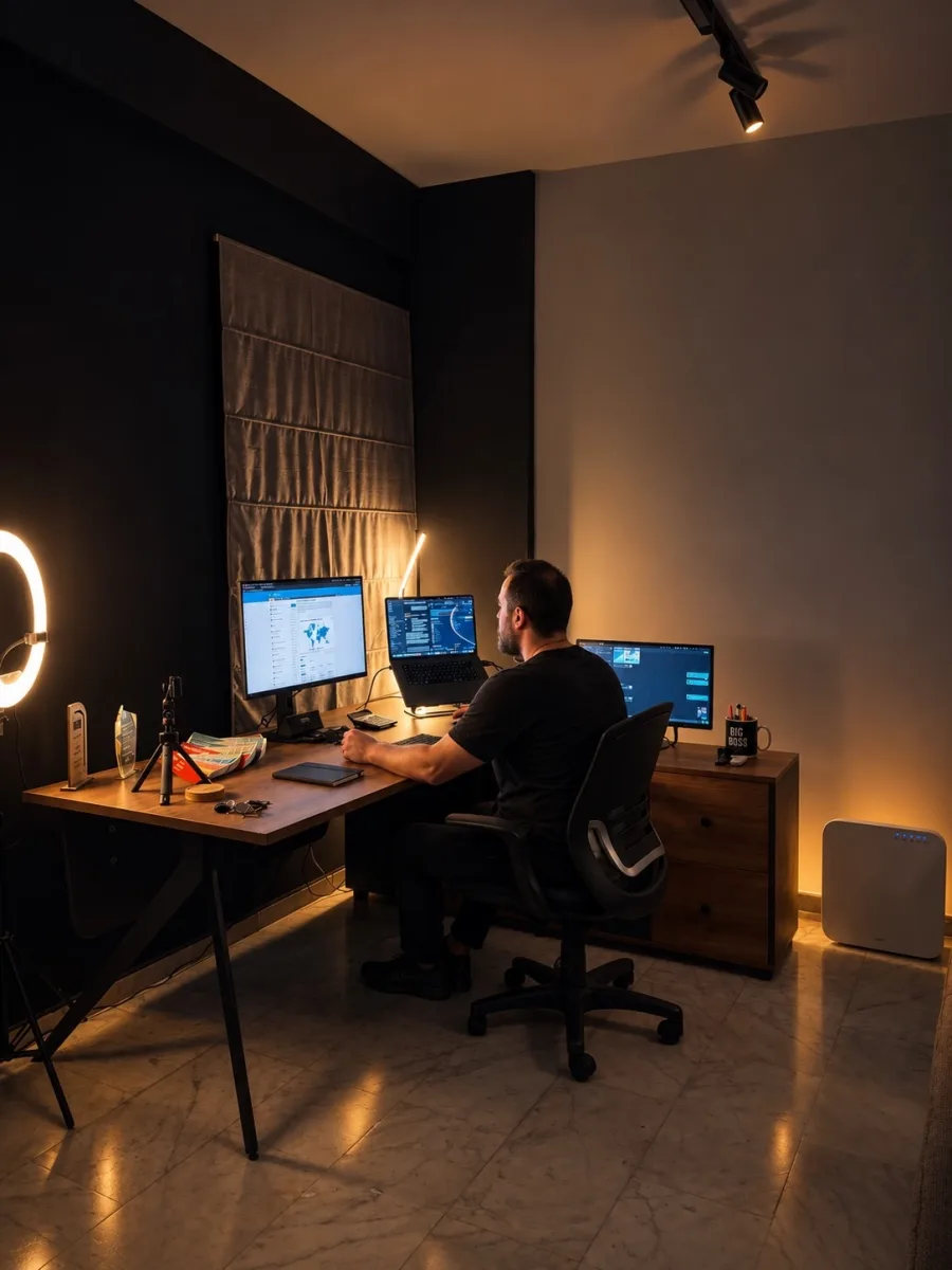 A person working at a desk in a warmly lit studio