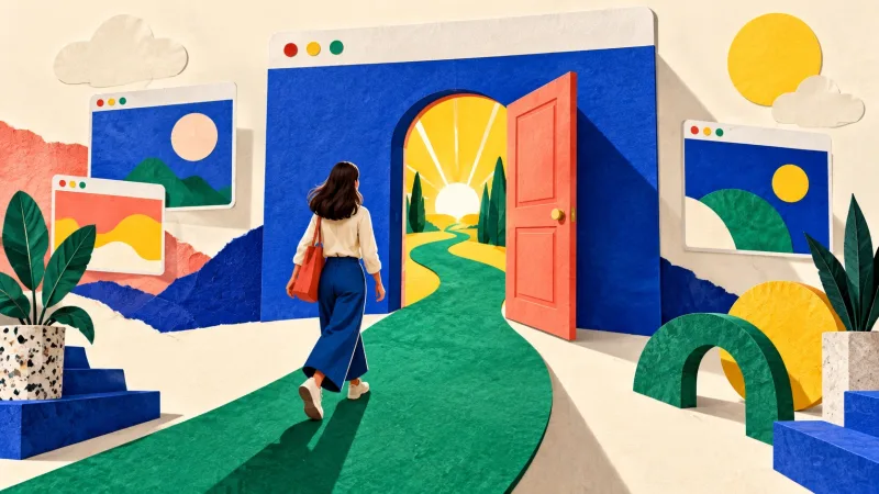 A green path leads a visitor through an open coral door inside a colourful browser window.