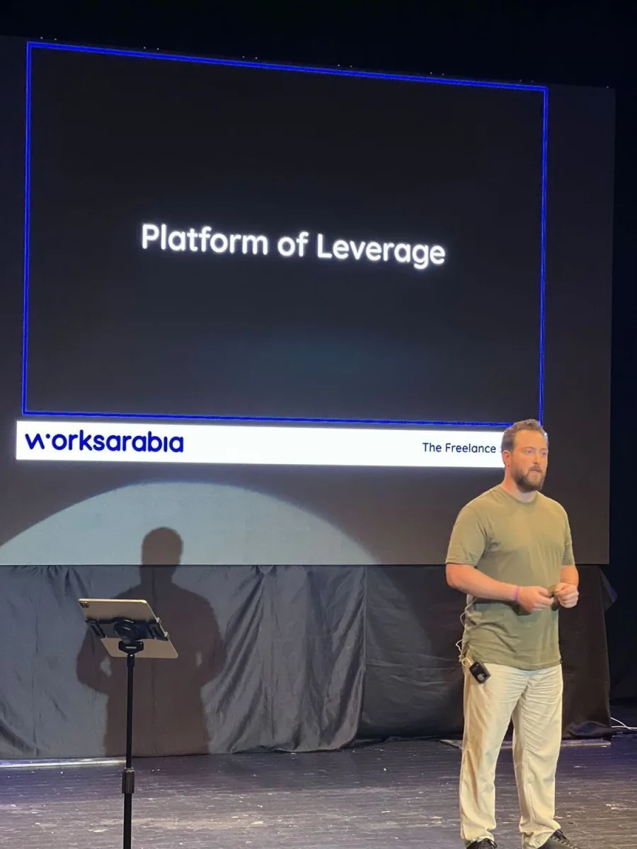 Nader alMaleh presenting Worksarabia on stage