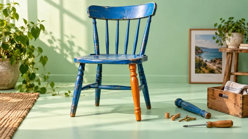 A worn blue wooden chair repaired with a bright orange leg in a sunlit mint-green room.