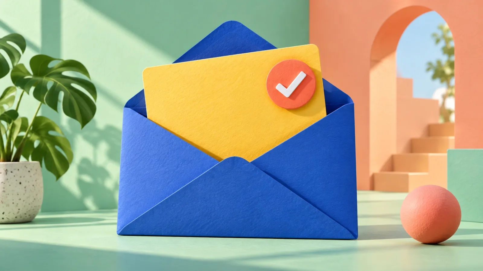 A blue paper envelope holds a yellow message card with a coral confirmation badge.