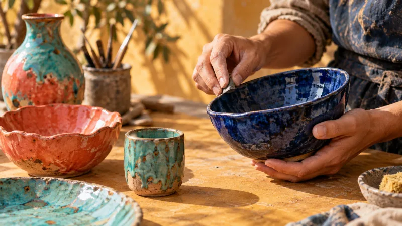Hands carefully finishing a deep blue ceramic bowl among colourful handmade pottery.