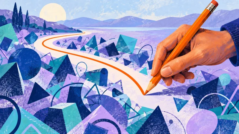 A hand draws an orange path through a landscape of blue and purple geometric possibilities.