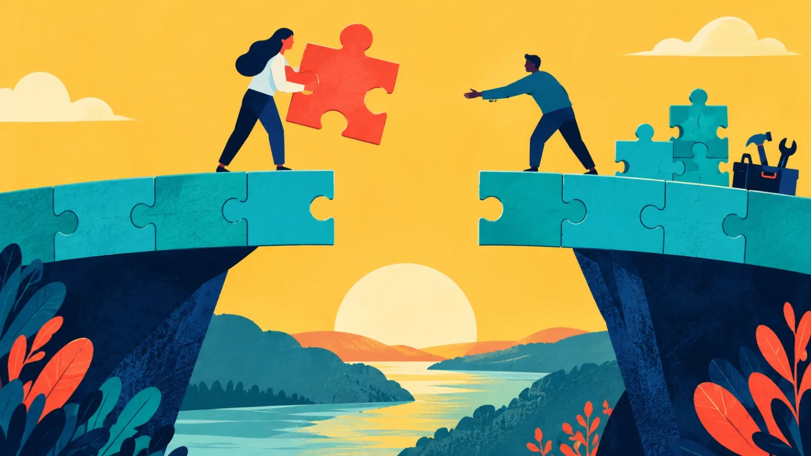 Two people build a turquoise jigsaw bridge; one holds the missing coral piece.
