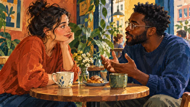 A colourful painted scene of two people having an attentive conversation at a cafe table.