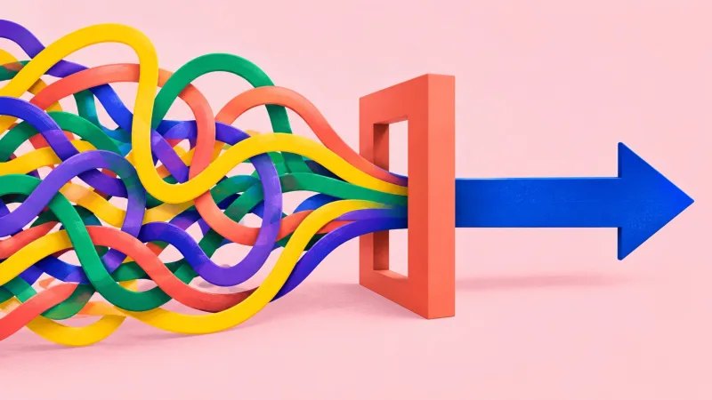 A tangle of colourful ribbons becomes one clear blue arrow through a coral gate.